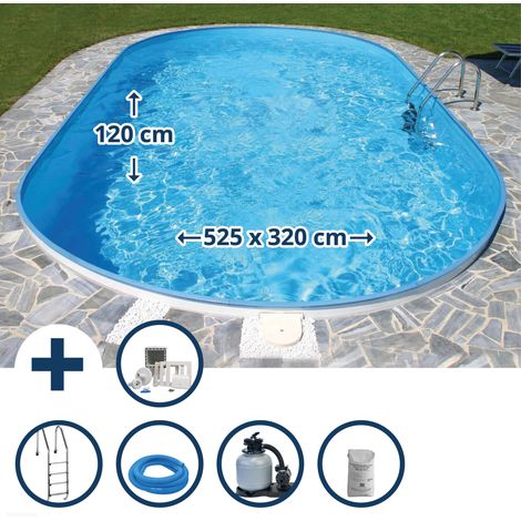 Stahlwandpool Set oval Fererra 525x320x120 cm, Stahl 0,6 mm weiß, Folie 0,6 mm blau, Einhängebiese (1/5)