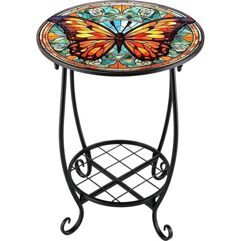 Une petite table d'appoint ronde Desserte à thé ronde à motif animal en métal Table extérieure pour patio Pour porche d'entrée, terrasse extérieure, jardin, cour arrière, salon, chambre à couche (1/5)