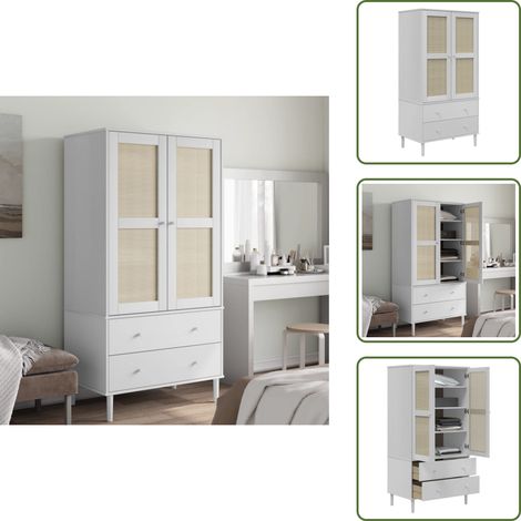 The Living Store Garde-robe SENJA aspect rotin blanc 90x55x175cm bois massif pin - Meuble De Rangement - Armoire Blanche - Dressing Moderne - Meuble Design - Commode (1/5)