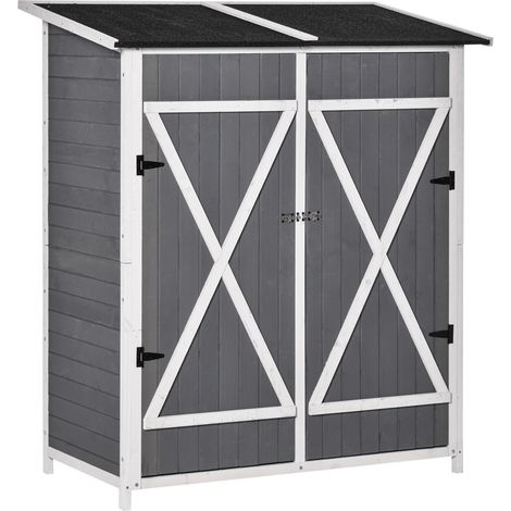 Outsunny Gartenhaus aus Holz mit Asphalt-Dach, 2 Türen, Kippschutz, Erdspießen, 139 x 75 x 160 cm, Grau+Weiß
