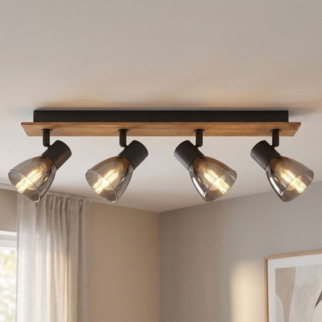 Deckenleuchte Spots schwenkbar Spotleiste 4 Flammig Holz Deckenlampe Rauchglas schwarz, Metall, 4x E14 Fassungen, LxBxH 50x7x15,5 cm