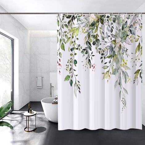 Rideau de douche imperméable motif fleurs vert 180x180 cm, lot de 12 crochets inclus, tissu polysilicium lavable machine, séchage rapide, décoration salle de bain (1/5)