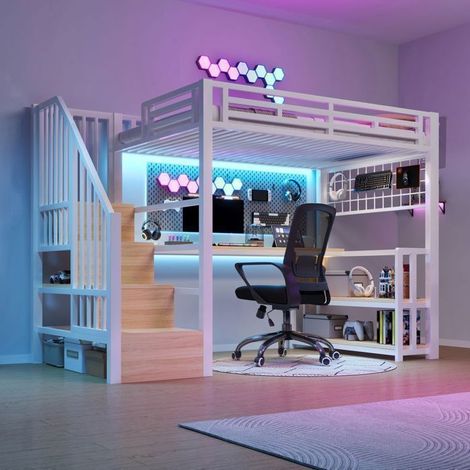 Lit Mezzanine 90x200 cm - Bureau et LED - lit simple - Ports USB, Escaliers Rangement, garde-corps de sécurité - lit ado - Blanc (1/5)