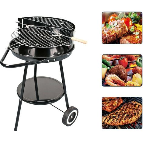 Fornacella a carbone tonda Barbecue portatile con ruote ripiano griglia acciaio inox cuoci arrosti spiedini carne pesce (1/5)
