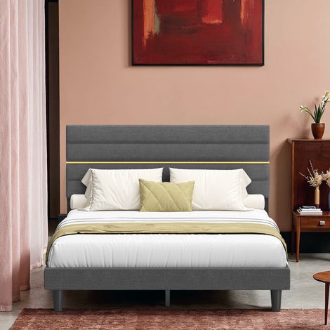 Cadre de Lit, Lit Double, Convient pour Un Matelas de 160 x 200 cm, Tête de Lit Rembourrée Ajustable, en Métal, Bois Massif, Moderne, Gris (1/5)