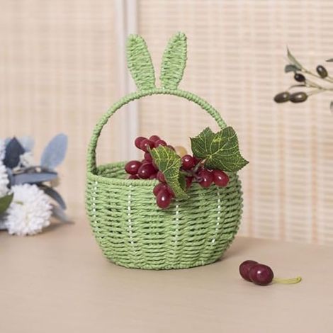 Panier de rangement tissé en osier de Paques avec poignée en forme d'oreille de lapin, facile à transporter avec poignée faite à la main, panier de maquillage de bureau pour jouets, tissu (vert, L) (1/5)