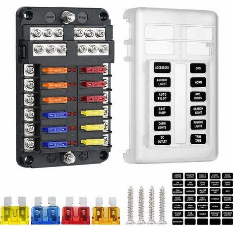 12-fach Sicherungskasten, 12-V-Sicherungshalter, ATO 32V 100A mit 12 LED-Anzeigen, wasserdichter Schutzabdeckung, Sicherungskasten mit 24 Kfz-Flachsicherungen für Auto, Motorrad, Boot und Schiff (1/5)