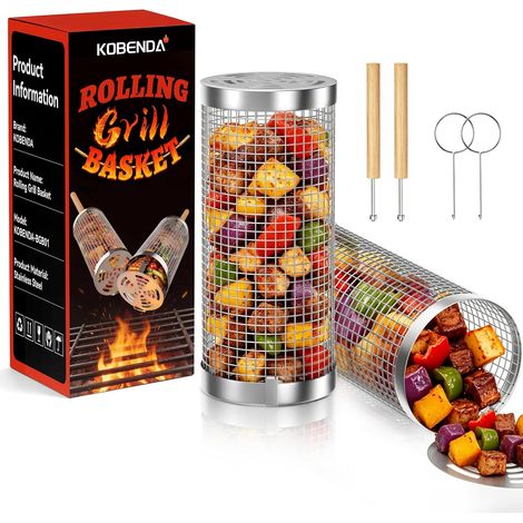 Panier à Barbecue Roulant, inox 304, manche bois détachable 2 pièces, inox 304, manche bois détachable, accessoire BBQ, pour camping (1/5)