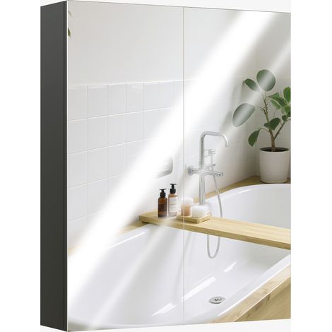 Armadietto Pensile Bagno 2 Ante con Specchiera e 2 Ripiani Interni in MDF, 60x15x75 cm, Nero