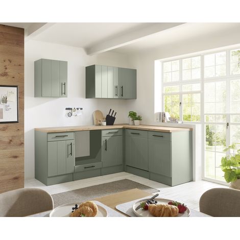 L Küche Einbauküche Winkelküche Landhaus Leerblock Grün Anton 220 cm Respekta