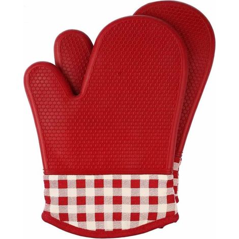 DEESSE SHOP - Gants de four résistants à la chaleur avec doublure en coton et maniques en silicone pour la cuisson, la cuisson, la cuisson, le barbecue, le barbecue, le silicone, rouge (1/5)
