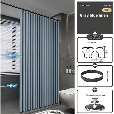 Rideau de douche magnétique pliable 220 x 200 cm, en lin, avec crochets, résistant aux éclaboussures et aux moisissures, sans perçage, bleu
