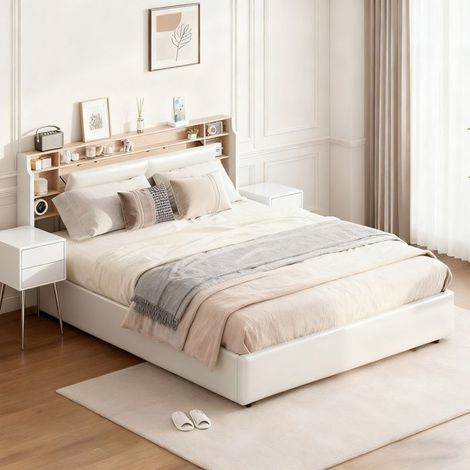 Lit 140x190 cm avec LED - SMYZ - lit coffre 140x190 avec sommier à lattes - cadre de lit adulte - tissu en pu - blanc