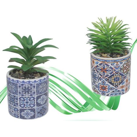 TrAdE Shop Traesio - Vaso In Ceramica Con Piantina Artificiale 15cm Pianta Idea Regalo Bomboniera Blu - (1/2)
