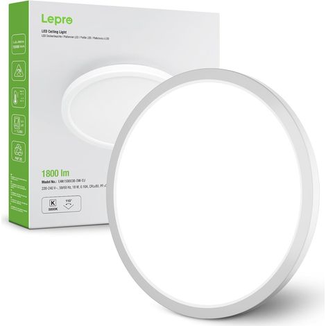 Lepro Plafonnier LED 18W, 5000K 1800LM, Angle 115°, Non Dimmable, IP44-1Pcs CRI80, épaisseur de 2,6 cm, IP44 étanche, Angle de Faisceau 115 °, Montage Plafond pour Salle de bain, Cuisine et Couloir (1/5)