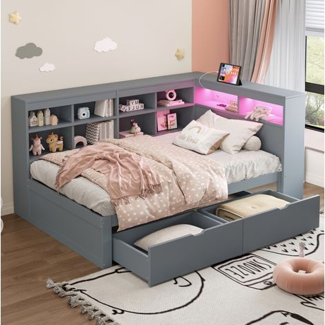 Divano letto in legno 90x200 cm con vano portaoggetti, porte USB, presa di ricarica, fascia LED e 2 cassetti, senza materasso, grigio (1/5)