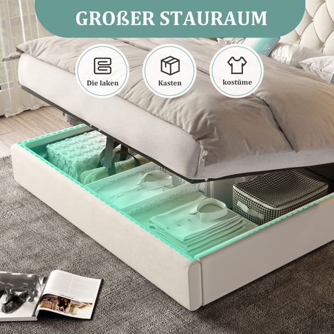 Structure de lit avec tête de lit longue, matériau en velours à la mode, style de structure de lit européen, plusieurs ports USB, lampe de bureau, système hydraulique, espace de rangement extra large