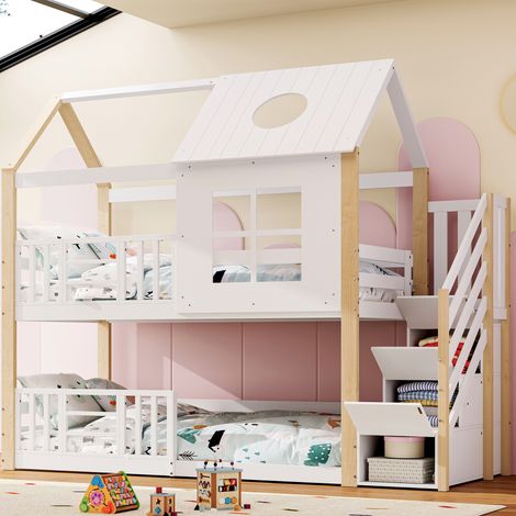 Lit superposé avec escalier de rangement, lit maison enfant, lit cabane avec barrière de sécurité, fenêtre et toit, pin+MDF, blanc et naturel, 90x200 cm (1/5)
