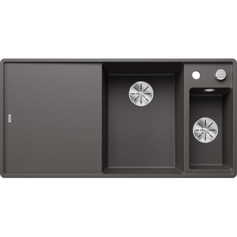 BLANCO Einbauspüle AXIA III 6 S-F Silgranit flächenbündig InFino Ablauf Becken rechts felsgrau mit Holz-Schneidbrett (1/3)
