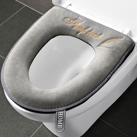 Set aus 2 dicken und weichen Toilettensitzschonern mit Griff, waschbar und kompatibel mit allen ovalen Toilettensitzen (grau). (1/5)