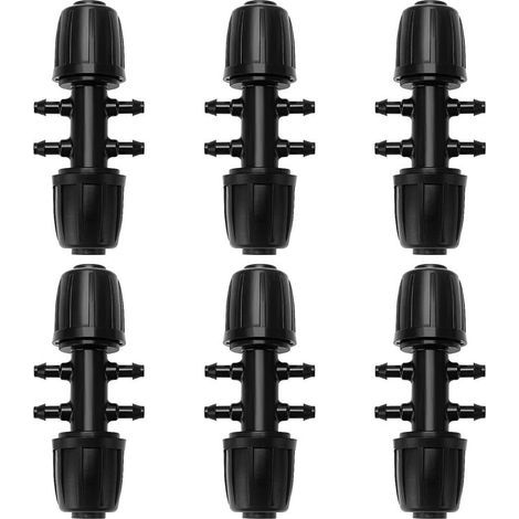 Connettore a T nero a 6 pezzi da 13/16 mm a 4/7 mm con attacco a barb, raccordo per tubo di irrigazione a 6 vie, connettore per irrigazione a goccia a 6 vie per giardino e prato (1/5)