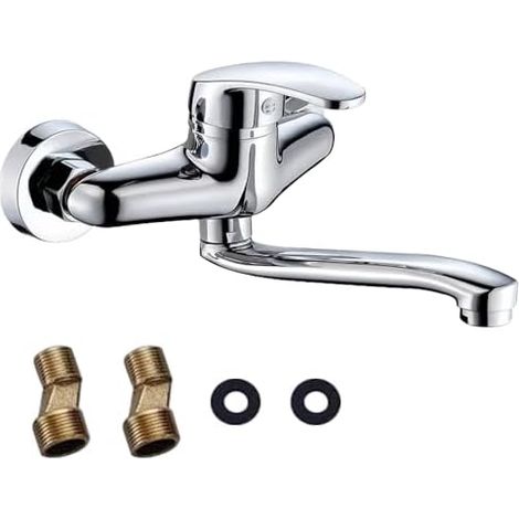 Robinet Mural Cuisine, Pivotant à 360° Robinet Mélangeur, Mitigeur mural pour montage mural, Robinet de Cuisine Mural Mitigeur d'évier, Mitigeur monocommande froid et chaud - Bras Pivotant 20cm (1/5)