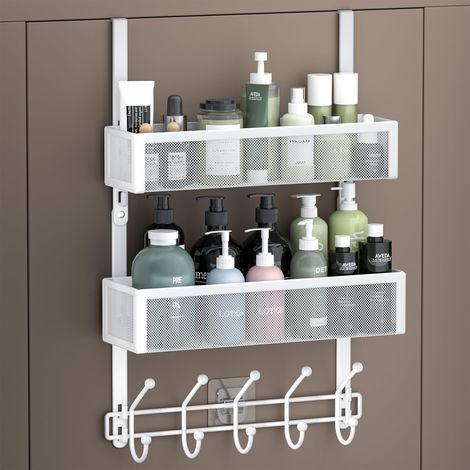 Organisateur de crochets de porte réglable, porte-manteau avec 2 paniers en filet et 10 crochets, organisateur de rangement arrière de porte pour chambre à coucher, salle de bain, cuisine (1/5)