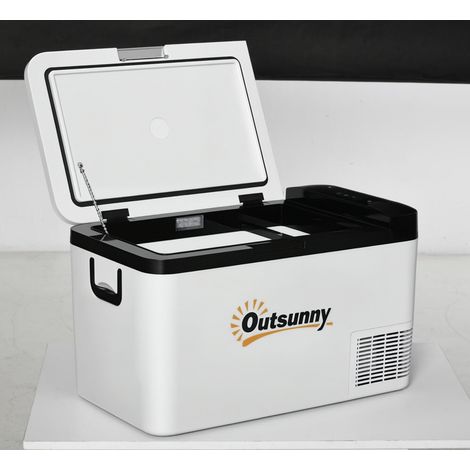 Réfrigérateur blanc portable 25 L 12/24 V jusqu'à -20 °C avec LED et poignées pliables 58,5x33,5x35,2 cm, accessoire voyage design sobre pour camping pratique et performant