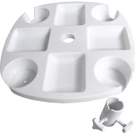 Table pour parasol extérieur avec 4 porte-gobelets et 4 compartiments snacks - Plateau plastique PP blanc pour parasols de jardin, beach, patio - 43.2x43.2x5.1cm, fixable colonne ≤38mm, 670g (1/4)