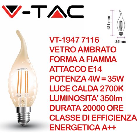V-TAC VT-1947 7116 Lampadina LED E14 4W Candela a Fiamma a Tortiglione a Filamento in Vetro Ambrato 2700K (1/5)