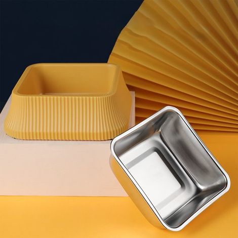 Quadratischer rutschfester abnehmbarer Hundenapf aus Edelstahl gelber tragbarer minimalistischer Futternapf für Haustiere geeignet für ein (1/2)