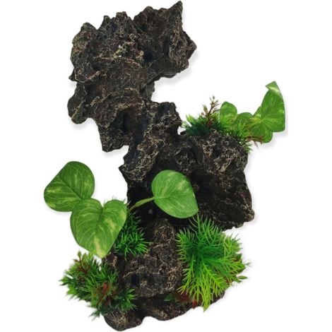 Décoration rocher gris + plantes, 19 x 15 x H 31cm, aquarium. - animallparadise (1/3)