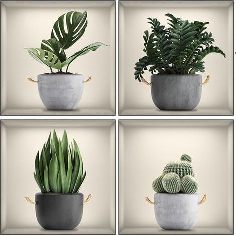 4 pièces 30 x 30 cm stickers muraux Plantes vertes en pot Fleurs Vases - Décoration murale autocollante 3D avec et feuilles - Tableau mural moderne chambre à coucher, salon, bureau, cuisine (1/5)