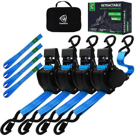 Kit de sangle de serrage automatique 4 pièces, 3,6m x 25mm avec crochets en S, bleu