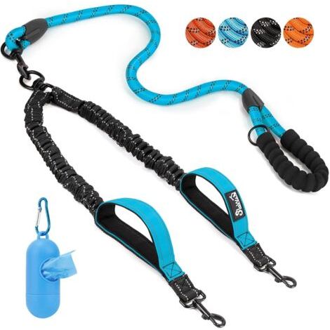 2 laisse double pour chien, poignées rembourrées, élastique absorbant les chocs, boucle pivotante 360°, bandes réfléchissantes, grands chiens (1/5)
