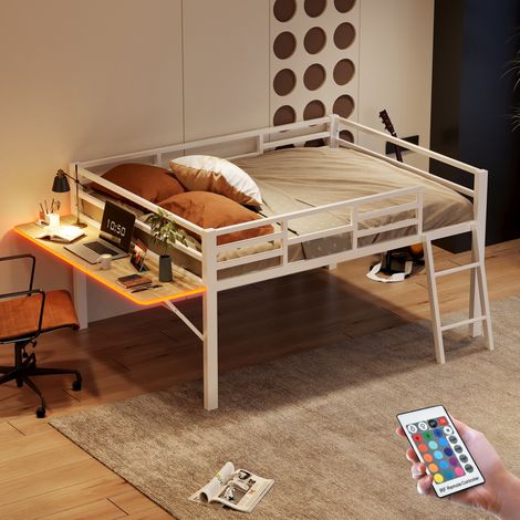 Letto a soppalco 140x200 cm con scrivania ribaltabile, LED, scala, struttura in metallo, rete a doghe in legno e barriera di sicurezza - Bianco