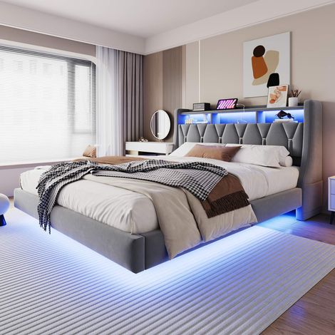 Lit coffre 180x200 cm, tête de lit rabattable avec LED, prises USB et Type-C, rangement intégré, velours gris, sommier inclus (1/5)