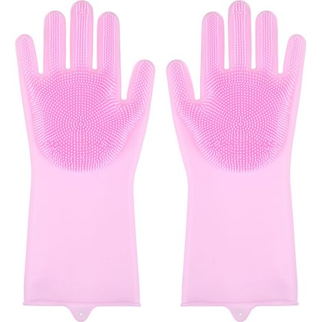 Gants de vaisselle en silicone rose, imperméables, anti-éclaboussures, résistants à l'huile, souples et élastiques, avec brosses intégrées pour nettoyage de cuisine (1/5)