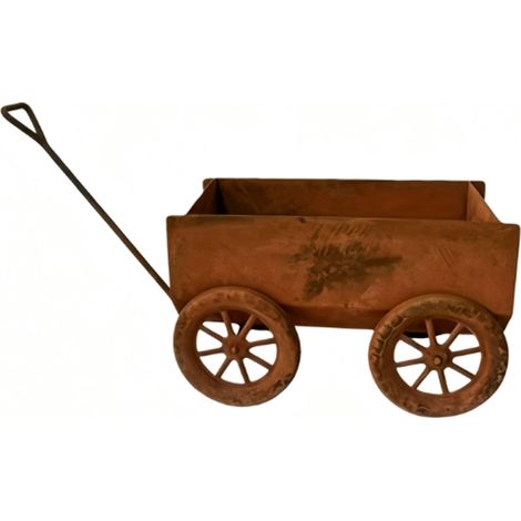 Macetero de jardín de dos ruedas con forma de carro viejo y oxidado, adorno de exterior de estilo rústico. (1/4)