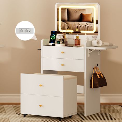 Coiffeuse avec Miroir LED et Tabouret, 3 Couleurs de Lumière Réglables, 3 Tiroirs et 2 Étagères, Plateau Rabattable, Compartiments de Rangement Visibles, Toit en Verre Transparent, 40P x 50L x 134H cm (1/5)