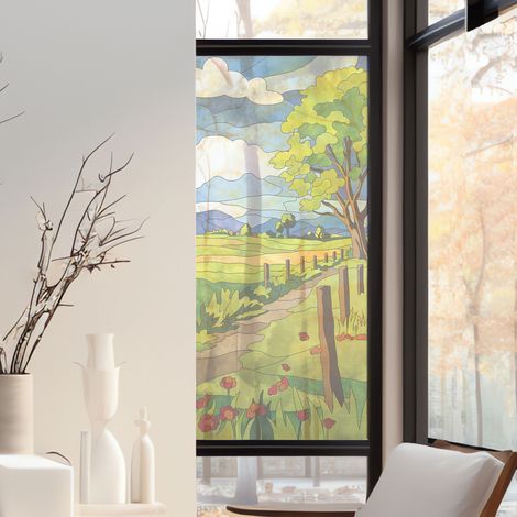 Stickers décoratifs électrostatique, chemin de campagne, arbres, nature, effet vitrail, 150 cm X 67,5 cm (1/2)