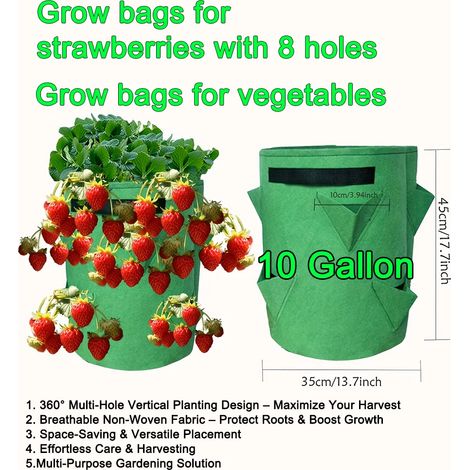 Sacs de culture suspendus (8 trous, en tissu vert, lot de 8) pour fraises et tomates. Idéal pour la culture verticale, les pots à fraises et les tours aéroponiques. (1/4)