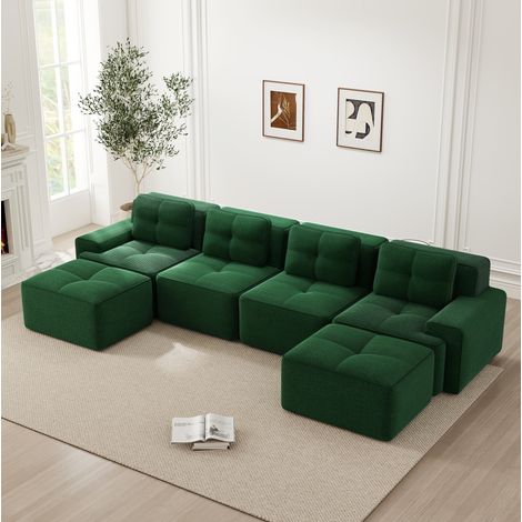 Modulares Sofa grün aus Cord mit Tiefsitz, U-Form und rutschfester Basis (1/5)