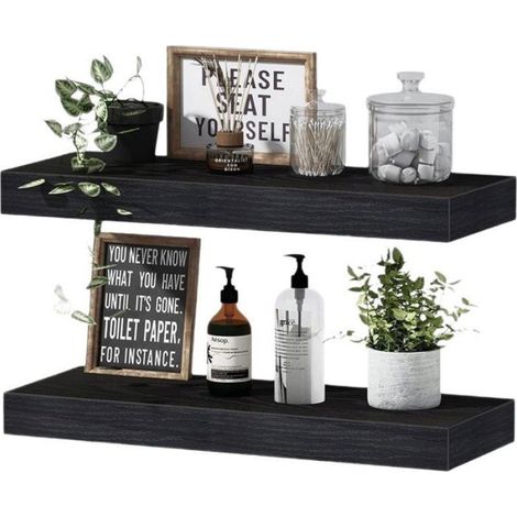 Étagère Flottante - Bois - Noir - Pour Salle De Bain Chambre Cuisine Salon - Lot De 2 (1/5)