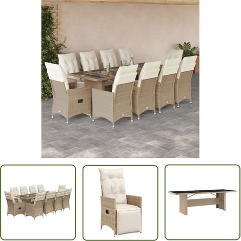 The Living Store Ensemble de bistro de jardin 11 pcs coussins beige poly rotin - Salon De Jardin - Set De Salon De Jardin - Mobilier De Jardin - Fauteuil Inclinable - Chaises Pliantes (1/5)