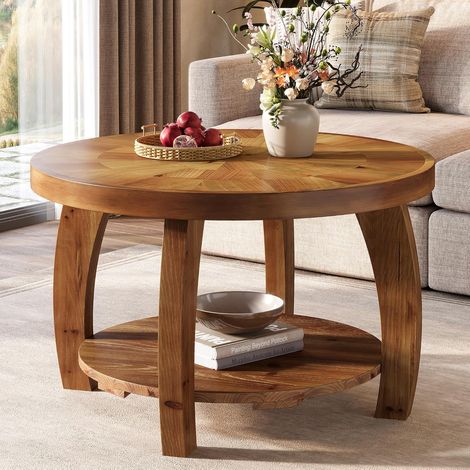 Tribesigns Solid Wood Round Coffee Table, 2-Tier Center Table with Storage, 31.5 Inch Wood Tabletop with Mosaic Pattern, Easy Assembly, for Living Room, Brown (1/4)
