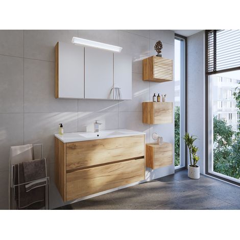 Badmöbel Set Taifun 3tlg. 100 cm mit Spiegelschrank und 3er Boxen eiche gold (1/5)
