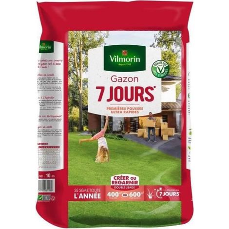 Vilmorin – Gazon 7 jours – 10 kg – Mise en place rapide – Pousses visibles en quelques jours – Pour terrains ensoleillés (1/2)