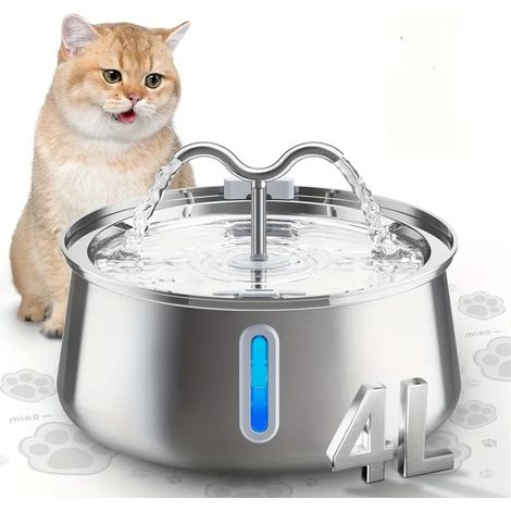 Distributeur d'eau pour animaux de compagnie en acier inoxydable de 4 L/1,05 G avec pompe à eau ultra-silencieuse, fenêtre de niveau d'eau, convient pour plusieurs chats. (1/5)