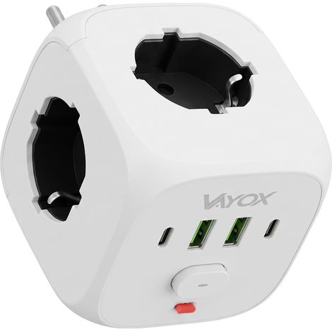 Répartiteur multiprise Vayox VA0472W à 3 prises (2 ports USB-A, 2 ports USB-C, interrupteur 2,1 A, blanc) (1/5)